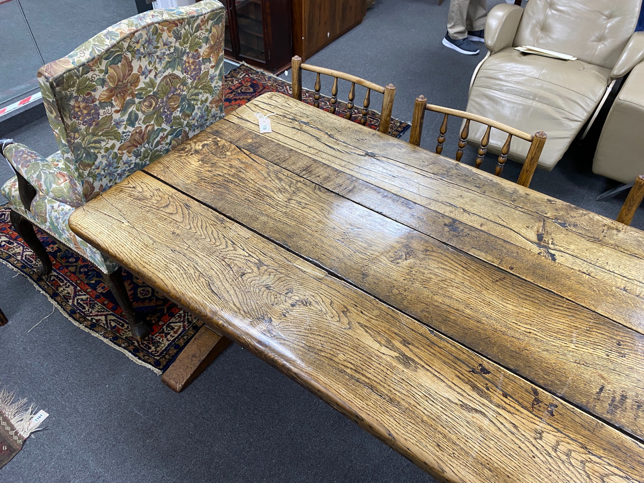 An antique oak refectory dining table, length 162cm, width 82cm, height 74cm